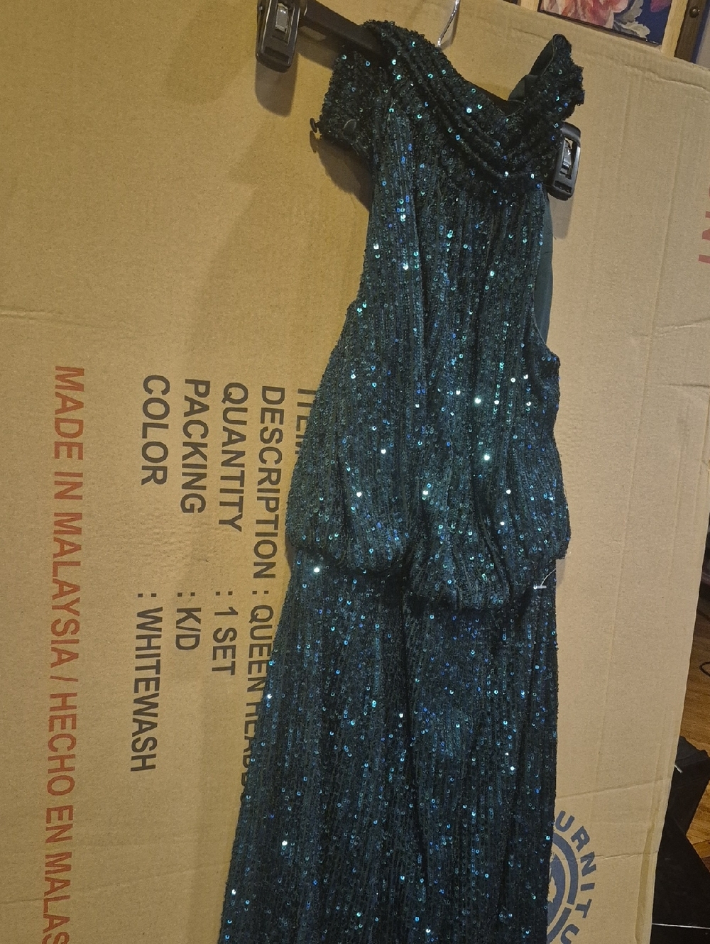 NEW---One-Shoulder Teal Sequin Evening Dress for Women
